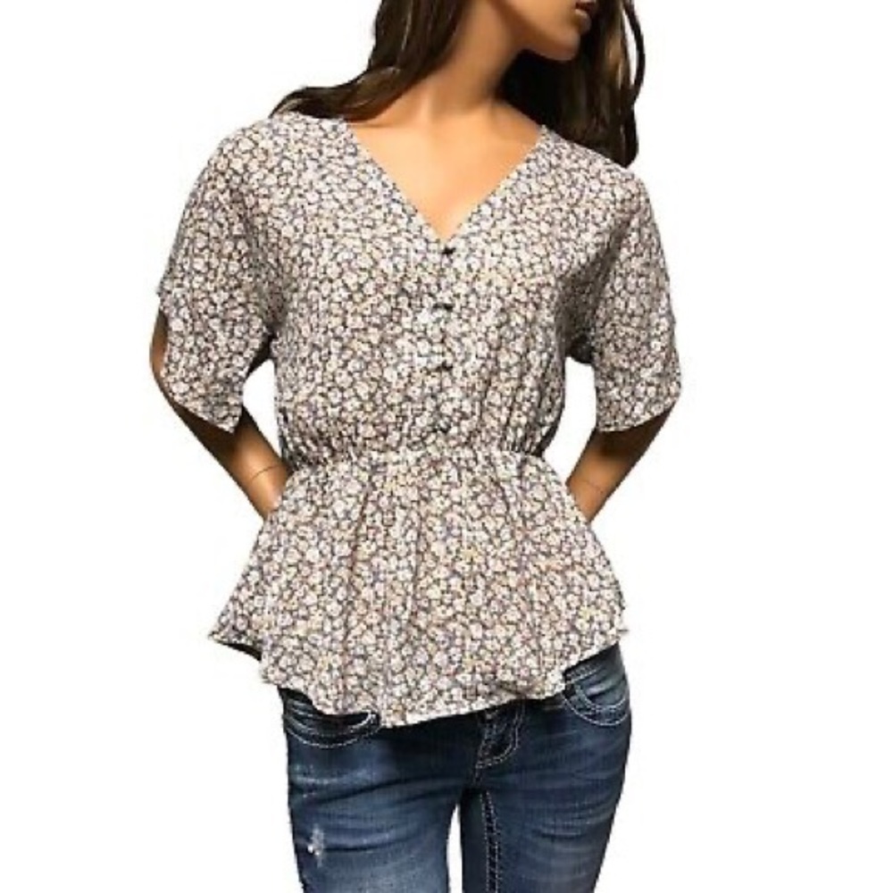 Sienna Sky Blue Pink Floral Flowy Short Sleeve Peblum Blouse Top Size Large